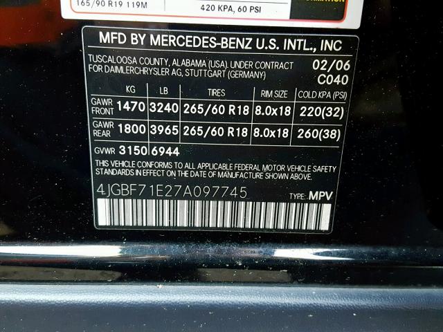 4JGBF71E27A097745 - 2007 MERCEDES-BENZ GL 450 4MA BLACK photo 10