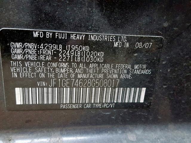 JF1GE74628G508017 - 2008 SUBARU IMPREZA WR GRAY photo 10