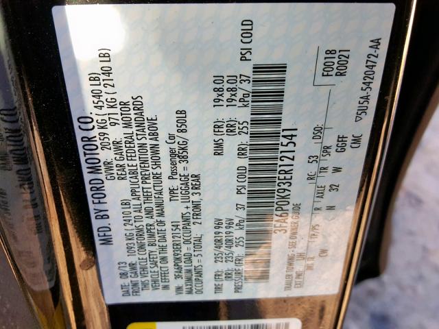 3FA6P0K93ER121541 - 2014 FORD FUSION TIT BLACK photo 10