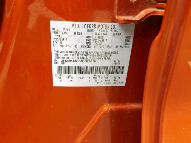 2FMDK48C58BB21016 - 2008 FORD EDGE SEL ORANGE photo 10