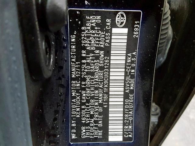 4T1BF1FK9CU031262 - 2012 TOYOTA CAMRY BASE BLACK photo 10