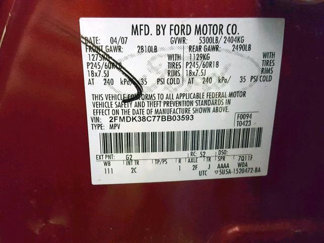 2FMDK38C77BB03593 - 2007 FORD EDGE SEL RED photo 10