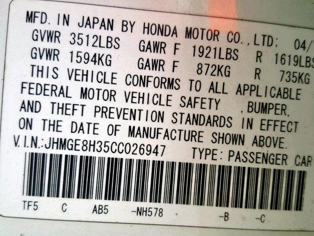 JHMGE8H35CC026947 - 2012 HONDA FIT WHITE photo 10