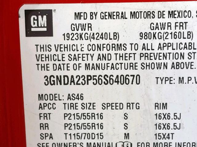 3GNDA23P56S640670 - 2006 CHEVROLET HHR LT RED photo 10