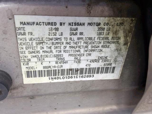 1N4DL01D61C162893 - 2001 NISSAN ALTIMA XE BROWN photo 10