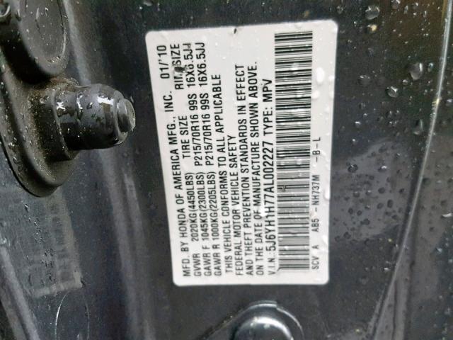 5J6YH1H77AL002227 - 2010 HONDA ELEMENT EX GRAY photo 10