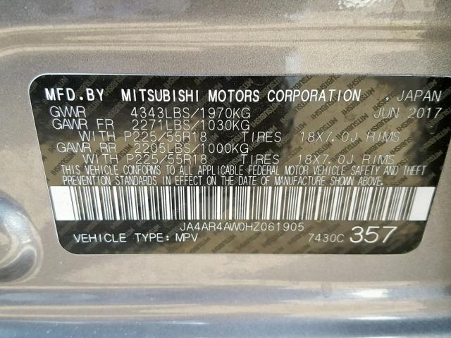 JA4AR4AW0HZ061905 - 2017 MITSUBISHI OUTLANDER CHARCOAL photo 10