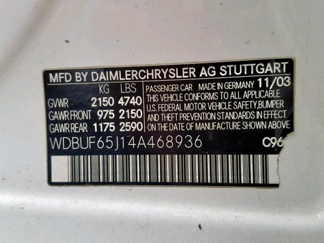 WDBUF65J14A468936 - 2004 MERCEDES-BENZ E 320 WHITE photo 10