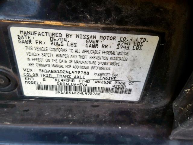 3N1AB51D24L472788 - 2004 NISSAN SENTRA SE- BLACK photo 10