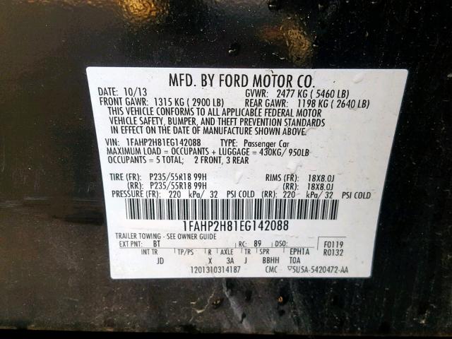 1FAHP2H81EG142088 - 2014 FORD TAURUS SEL BLACK photo 10