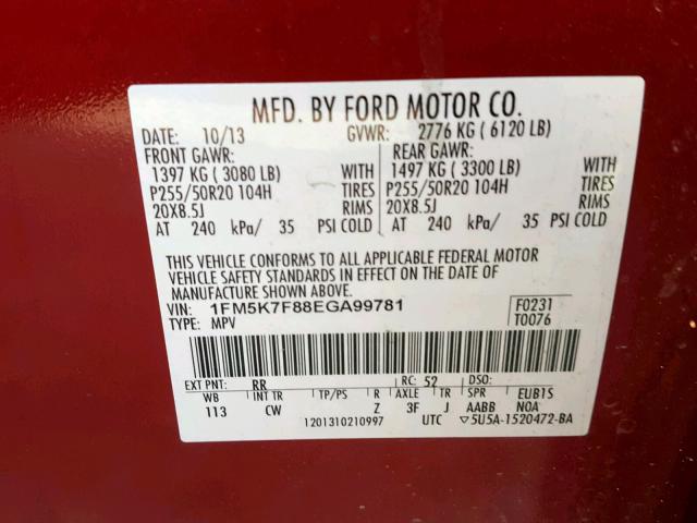 1FM5K7F88EGA99781 - 2014 FORD EXPLORER L RED photo 10