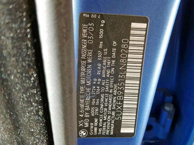 5UXFB93513LN80280 - 2003 BMW X5 4.6IS BLUE photo 10