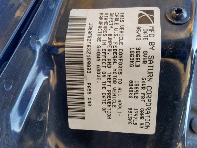 1G8AF52F63Z189023 - 2003 SATURN ION LEVEL BLACK photo 10