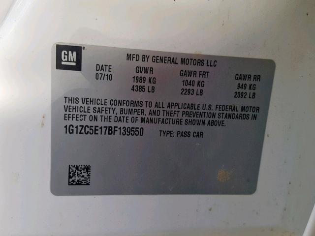 1G1ZC5E17BF139550 - 2011 CHEVROLET MALIBU 1LT WHITE photo 10