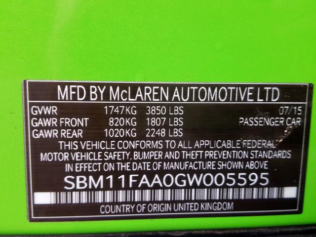 SBM11FAA0GW005595 - 2016 MCLAREN AUTOMOTIVE 650S SPIDE GREEN photo 10