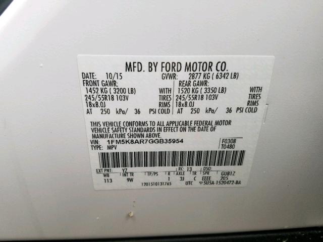 1FM5K8AR7GGB35954 - 2016 FORD EXPLORER P WHITE photo 10