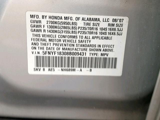 5FNYF18308B009431 - 2008 HONDA PILOT SE SILVER photo 10