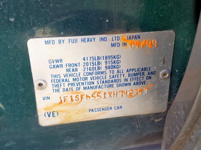 JF1SF6551XH742343 - 1999 SUBARU FORESTER S GREEN photo 10