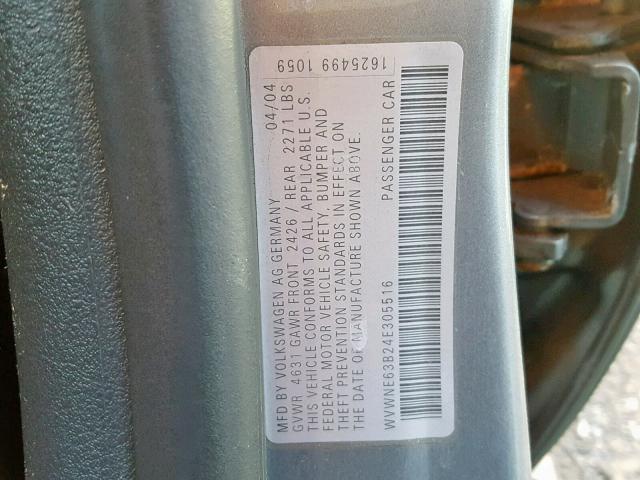 WVWNE63B24E305516 - 2004 VOLKSWAGEN PASSAT GL GRAY photo 10