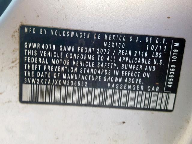 3VW2K7AJXCM336532 - 2012 VOLKSWAGEN JETTA BASE 银色 照片 10