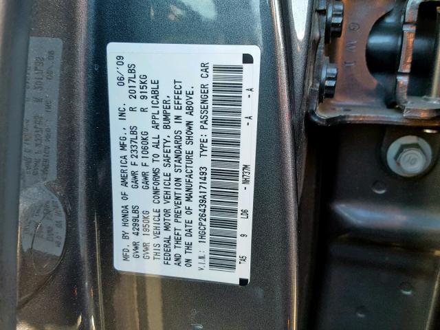 1HGCP26439A171493 - 2009 HONDA ACCORD LXP GRAY photo 10