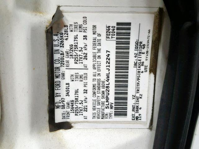 5LMPU28L4WLJ12247 - 1998 LINCOLN NAVIGATOR Ақ фото 10