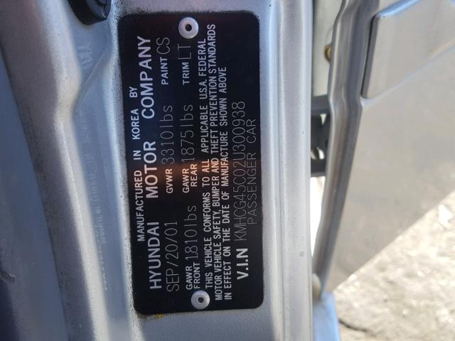 KMHCG45C02U300938 - 2002 HYUNDAI ACCENT GL SILVER photo 10