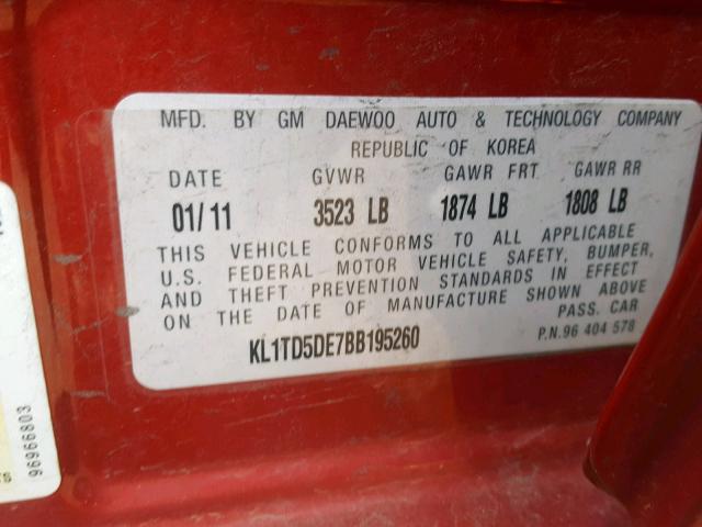 KL1TD5DE7BB195260 - 2011 CHEVROLET AVEO LS MAROON photo 10