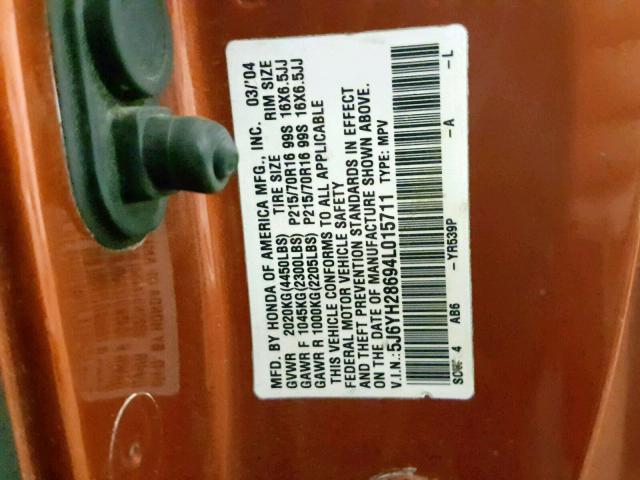 5J6YH28694L015711 - 2004 HONDA ELEMENT EX ORANGE photo 10