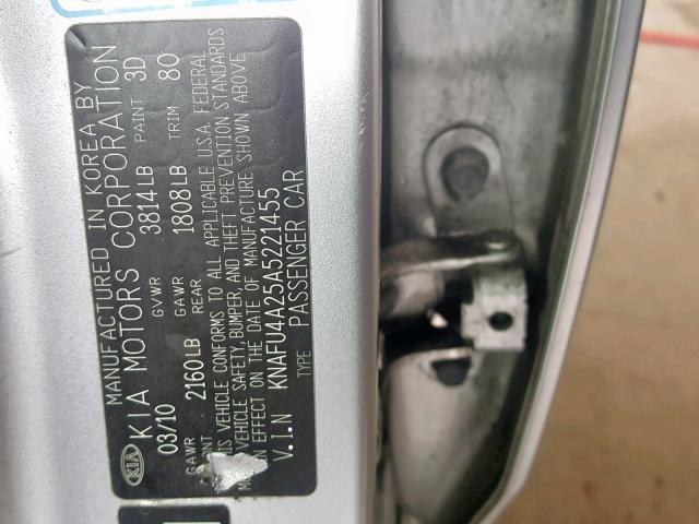 KNAFU4A25A5221455 - 2010 KIA FORTE EX SILVER photo 10