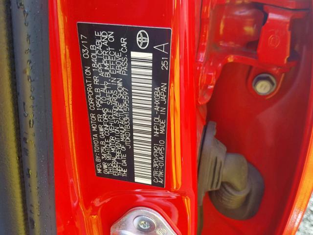 JTDKDTB33H1595597 - 2017 TOYOTA PRIUS C RED photo 10