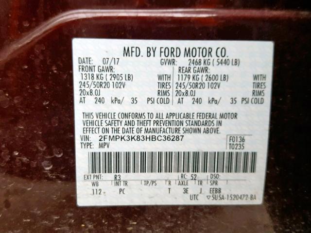 2FMPK3K83HBC36287 - 2017 FORD EDGE TITAN BROWN photo 10