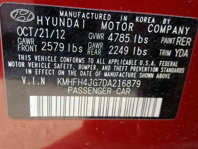 KMHFH4JG7DA216879 - 2013 HYUNDAI AZERA GLS BURGUNDY photo 10