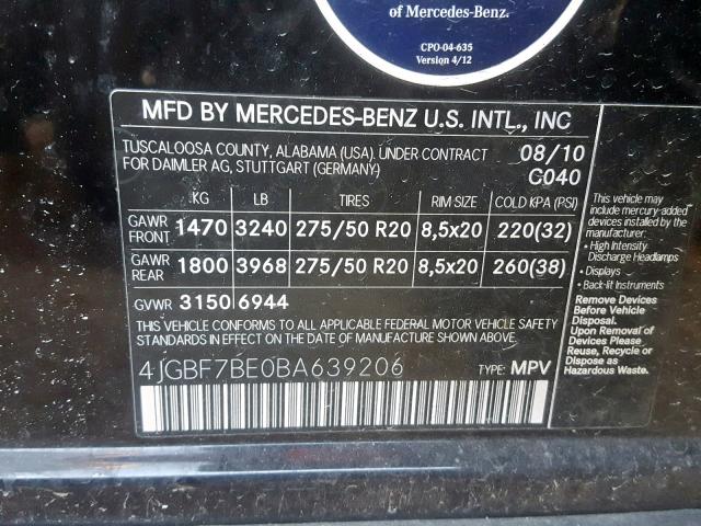 4JGBF7BE0BA639206 - 2011 MERCEDES-BENZ GL 450 4MA BLACK photo 10