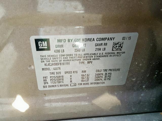 KL4CJASB5FB161191 - 2015 BUICK ENCORE BROWN photo 10