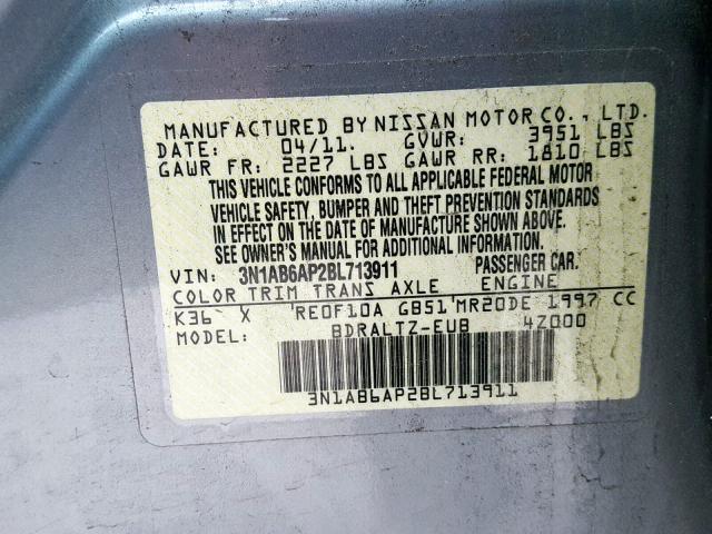 3N1AB6AP2BL713911 - 2011 NISSAN SENTRA 2.0 GRAY photo 10