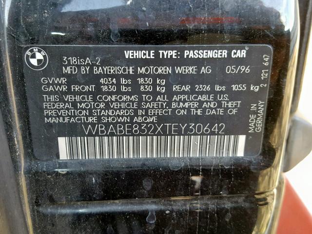 WBABE832XTEY30642 - 1996 BMW 318 IS AUT BLACK photo 10