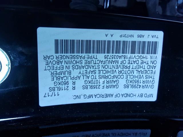 1HGCV1F18JA035726 - 2018 HONDA ACCORD LX BLACK photo 10