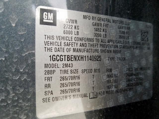 1GCGTBENXH1140925 - 2017 CHEVROLET COLORADO GRAY photo 10