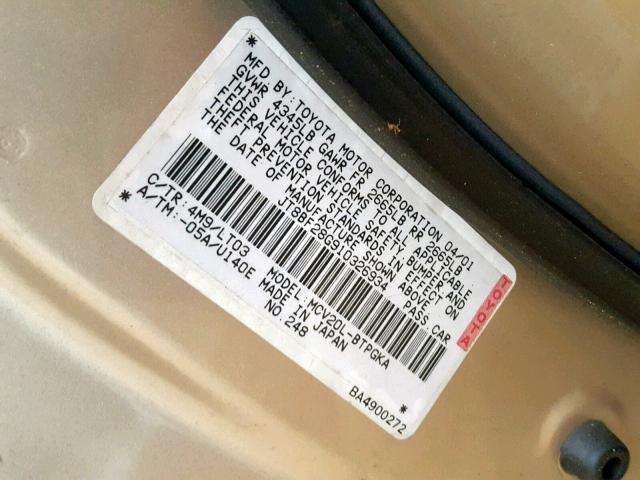 JT8BF28G910326934 - 2001 LEXUS ES 300 GOLD photo 10