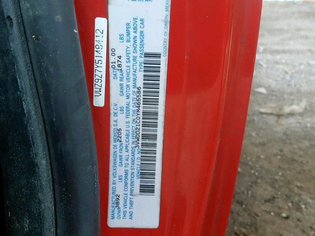 3VWDD21C0YM465586 - 2000 VOLKSWAGEN NEW BEETLE 红色 照片 10