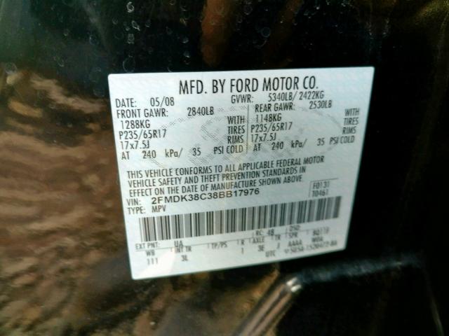 2FMDK38C38BB17976 - 2008 FORD EDGE SEL BLACK photo 10