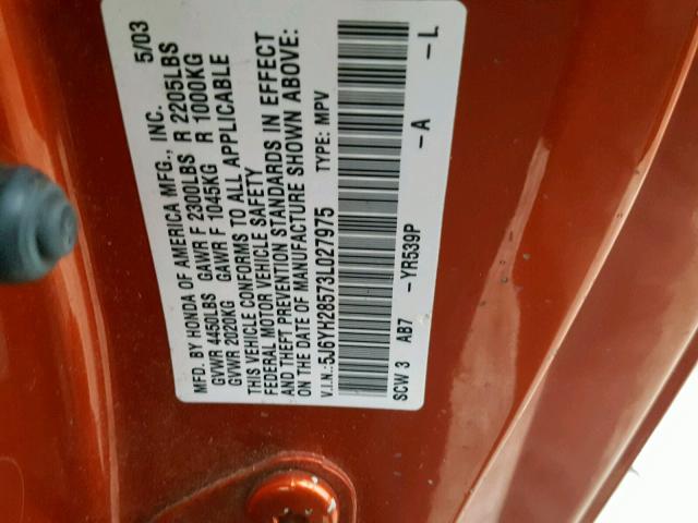 5J6YH28573L027975 - 2003 HONDA ELEMENT EX ORANGE photo 10