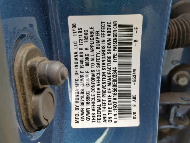 19XFA16569E003344 - 2009 HONDA CIVIC LX BLUE photo 10