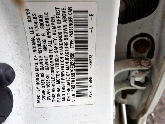 19XFA16979E022858 - 2009 HONDA CIVIC EXL WHITE photo 10