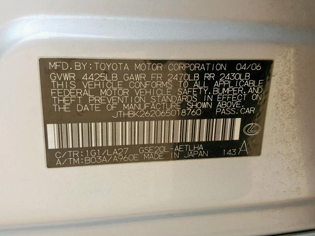 JTHBK262065018760 - 2006 LEXUS IS 250 SILVER photo 10