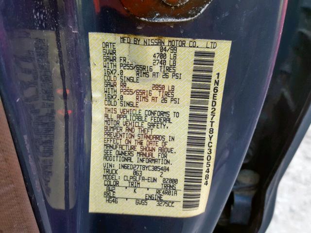 1N6ED27T8YC305484 - 2000 NISSAN FRONTIER C BLUE photo 10