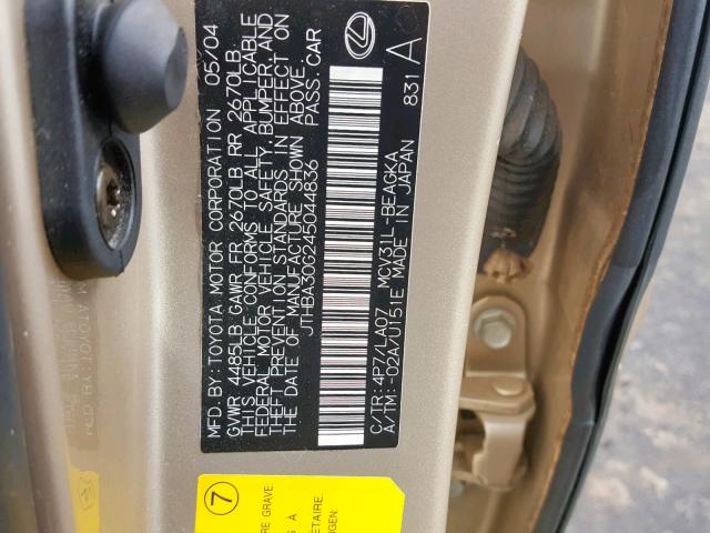 JTHBA30G245044836 - 2004 LEXUS ES 330 GOLD photo 10