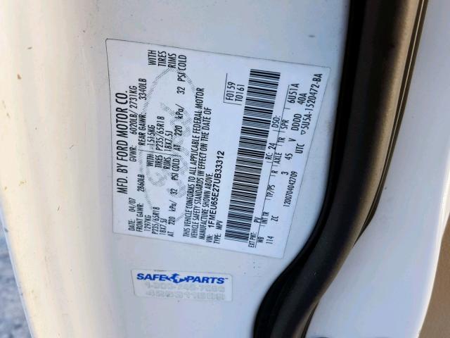 1FMEU65E27UB33312 - 2007 FORD EXPLORER L WHITE photo 10