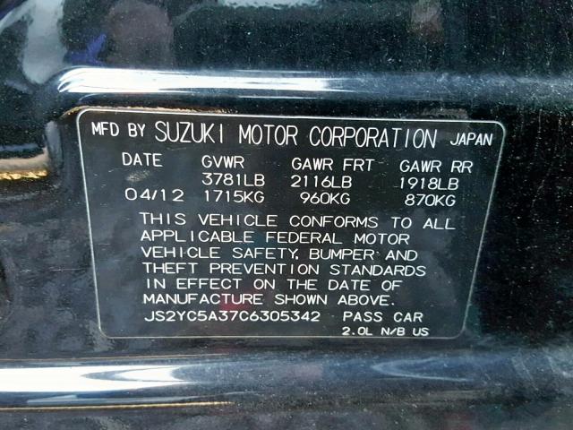 JS2YC5A37C6305342 - 2012 SUZUKI SX4 LE BLACK photo 10